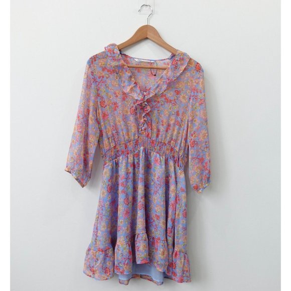 Zara Dress Womens Size Large V Neck Ruffle Mini Floral Print Boho Sundress‎ Y2K - Picture 1 of 10